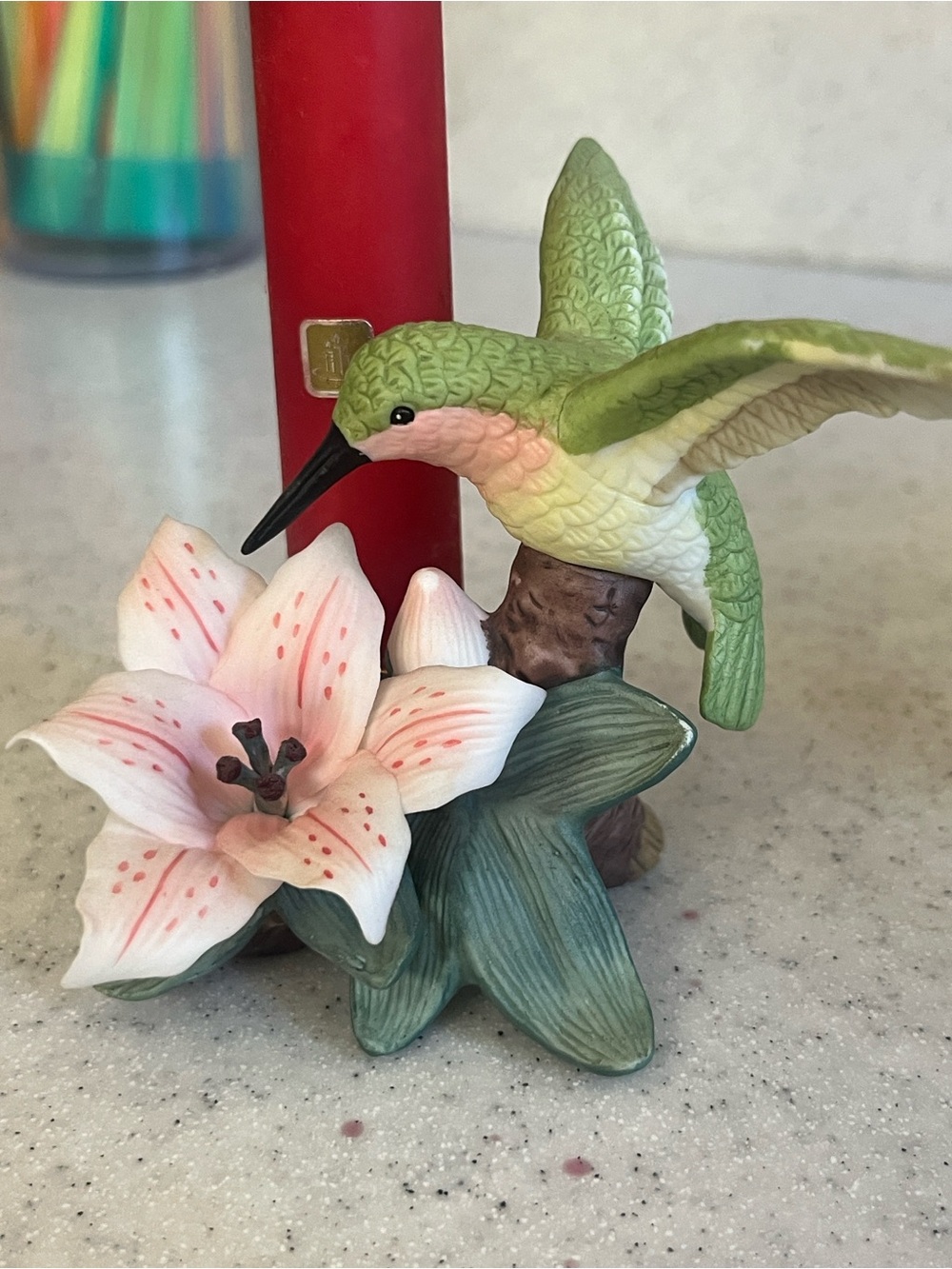 Vintage Avon Hummingbird Candle Holder with Pink and White Lily Candles Included